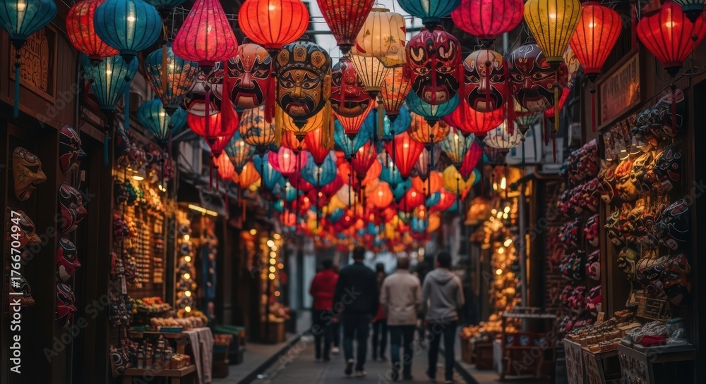 Naklejka premium People walking beneath a canopy of colorful lanterns at night
