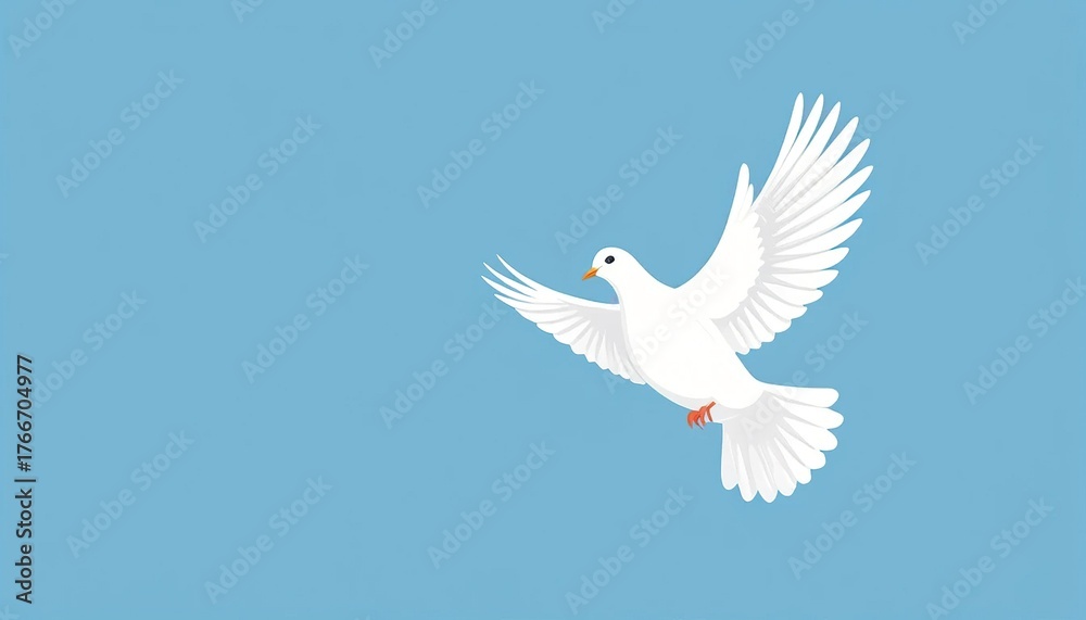 Fototapeta premium White dove flying with wings spread against a simple light blue background, a stylized illustration representing peace, freedom, and hope with ample copy space