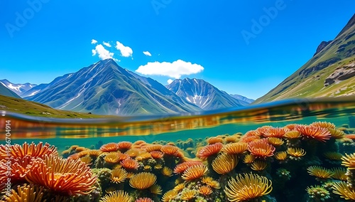 Split view of mountains and sky above water with coral reef below the surface of the ocean water