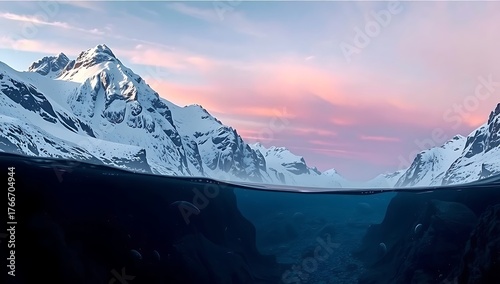 A scenic view of snow capped mountains meeting the ocean under a pastel colored sky at twilight hour