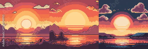 Pixel Sunset Scenery Over Ocean Lake River Flat Style 8-bit Video Game Art