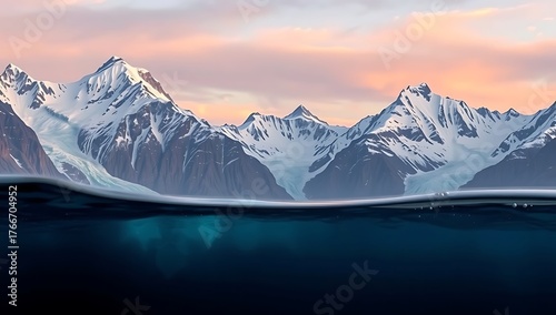 Snowy mountain range viewed from below the water surface with a pastel colored sky at sunset