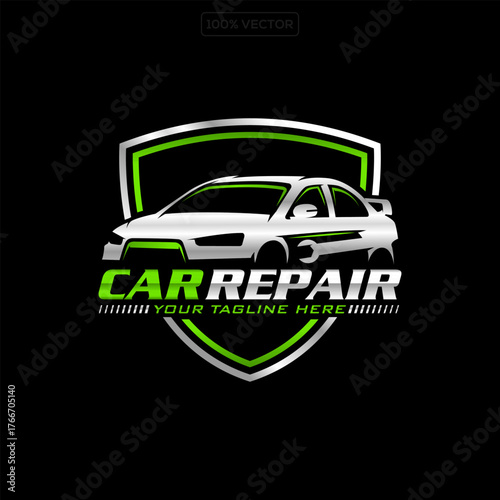 Car service logo design, modern sports car repair shop symbol vector illustration template