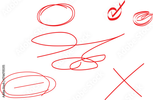 abstract red marker annotations on white background featuring circles, scribbles, check marks, and x symbols — conceptual review, correction, or brainstorming elements in chaotic layout