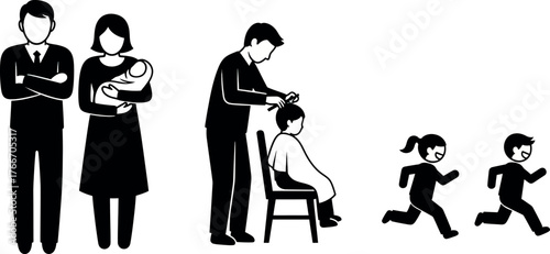 Vector art of icons depicting family life, including a couple with a baby, a father cutting a childs hair, and children running
