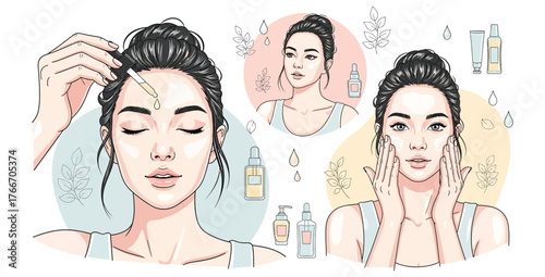 Woman applying facial serum and skincare products for a beauty and wellness routine