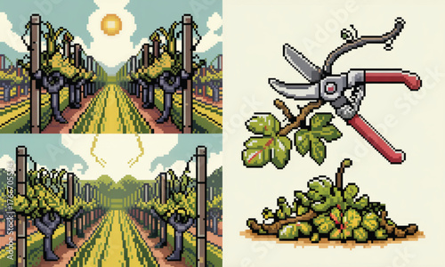 Vineyard Pruning Pixel Art Grapes Field Vines Agriculture Fruits Harvesting Pixels