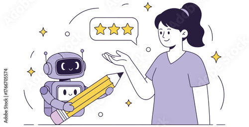 Robot and woman discussing feedback with a pencil and three stars in a speech bubble