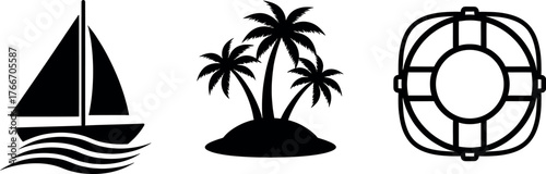 Vector art of set of three icons representing a sailboat, palm trees on an island, and a lifebuoy