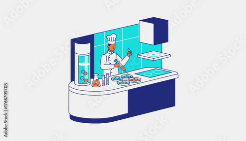 Chef working in a laboratory environment, injecting components into petri dishes, exploring molecular gastronomy and food innovation, with a transparent background
