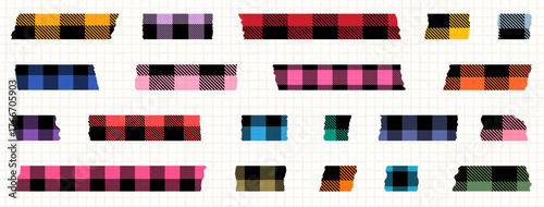 Colorful vector buffalo check washi masking tape with torn edges, Plaid adhesive paper tape pieces for scrapbooking