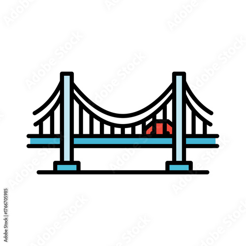 Stylized suspension bridge line icon with color fill, representing urban architecture, transportation, and connectivity