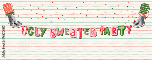 Vector Hands Holding Ugly Sweater Party Text Bunting, Fun Halftone Christmas Collage Banner or Invitation