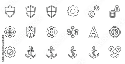 Collection of various outline icons including shields gears anchors and abstract symbols