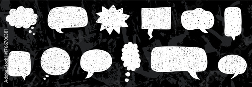 Hand drawn doodle chalk speech bubbles graphics, crayon text box shapes on chalkboard background
