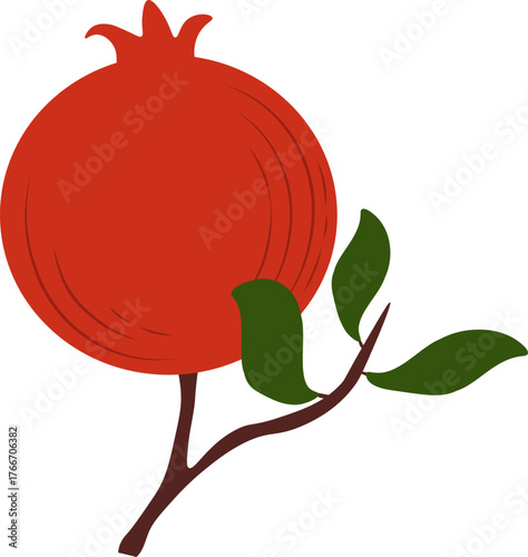 Vector illustration of a red pomegranate fruit with green leaves on a branch.