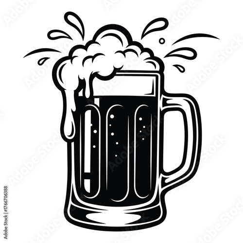 Monochrome beer mug illustration with overflowing foam and splash details on a white backdrop
