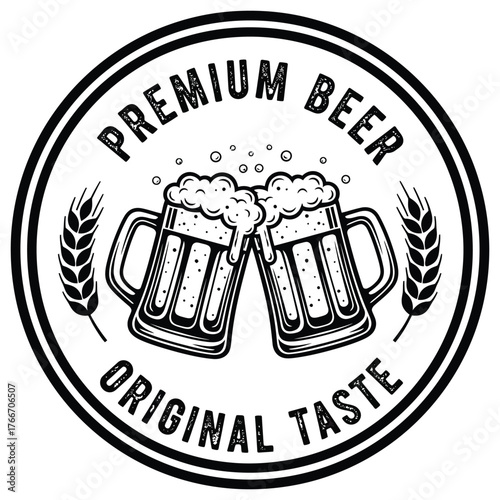 Two beer mugs clinking in a vintage style logo with premium beer and original taste text