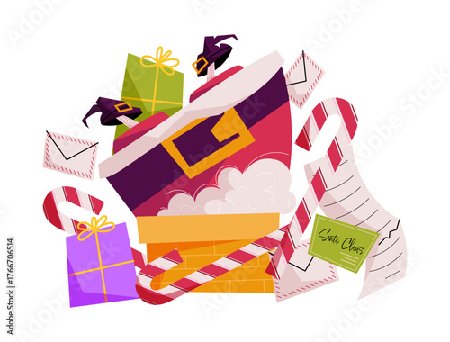 Santa Claus stuck in chimney with gifts, candy canes, letters, and wishlist.  Perfect for Christmas design, greeting cards, and holiday decoration. Isolated festive vector illustration