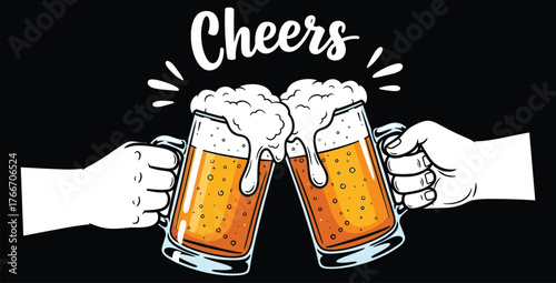 Two hands toasting with beer mugs filled with frothy beer on a black background