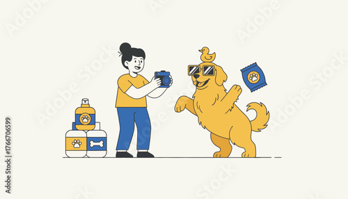 Person holding a camera, capturing an illustration of a golden retriever wearing sunglasses with a small rubber duck on its head, surrounded by various pet care products and a treat bag