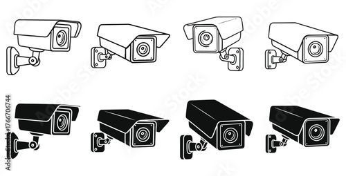 Security camera surveillance system icons in black and white for safety and security