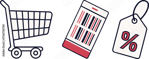 Shopping cart with barcode and sale tag vector illustration icon