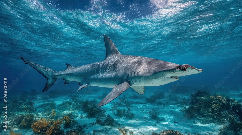 Fototapeta premium Hammerhead shark in the underwater world. Observing ocean wildlife.
