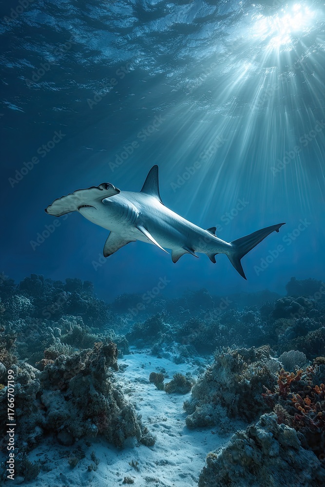 Fototapeta premium Hammerhead shark in the underwater world. Observing ocean wildlife.