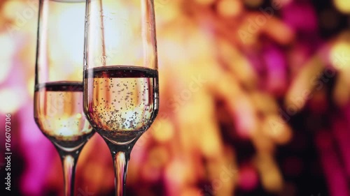 Two sparkling flutes framed by fireworks bokeh, detailed bubbles