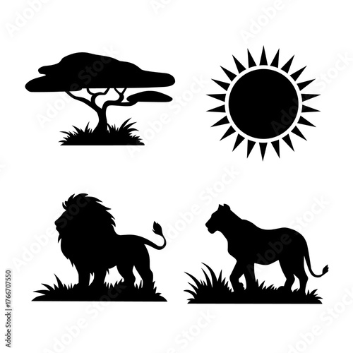 African Safari Silhouette: Lion, Lioness, Tree and Sun Vector Illustration