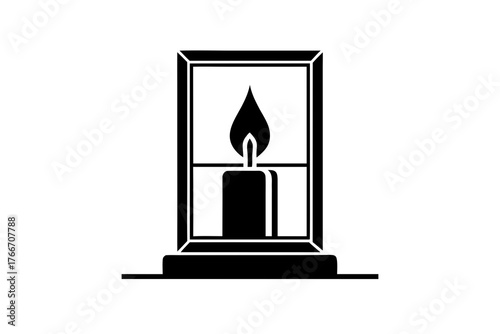 Candle on window icon shining from sill during holiday night  