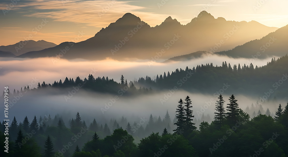 Fototapeta premium Misty Mountain Majesty - A Serene Landscape at Dawn.