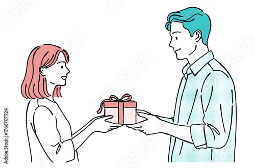 プレゼント（ギフトボックス）を渡す男女の線画イラスト,贈り物,カップル,記念日,誕生日,イベント,ベクター