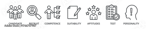 Assessment center banner icon with candidate, recruit, competence, suitability, aptitudes, test, personality