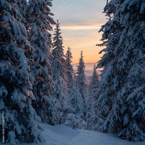 A serene winter wonderland scene featuring snowcovered fir trees against a soft, pastelcolored sky at sunset, creating a peaceful and enchanting atmosphere