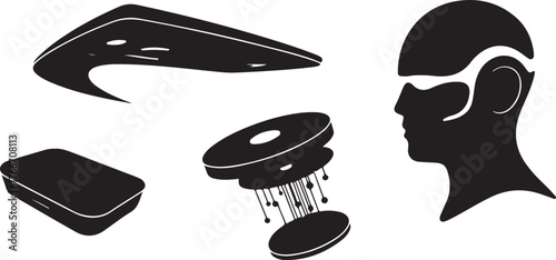 Funny cartoon monster wizard with a magic wand and hat performing a trick on an isolated white background, black and white vector illustration