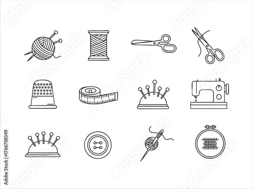 Sewing and needlework line icons set, outline vector symbol collection, linear style pictogram pack. Signs, logo illustration. Set includes icons as balls of yarn knitting needles, thread , scissors