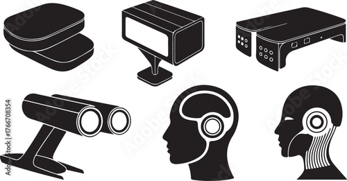 Vector icons set for digital video camera and webcam technology on a black and white background