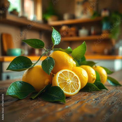 Composizione di limoni freschi con foglie verdi su tavolo in legno rustico. Generative AI
