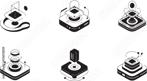 Vector illustration of a set of funny skulls and abstract symbols near an old electric iron appliance