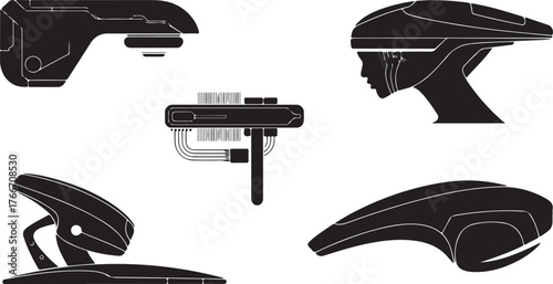 An isolated set of black and white handgun pistols and military revolvers are shown