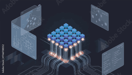 An abstract blue background with 3D cubes shows a business graph, illustrating a digital technology concept of data communication on the web