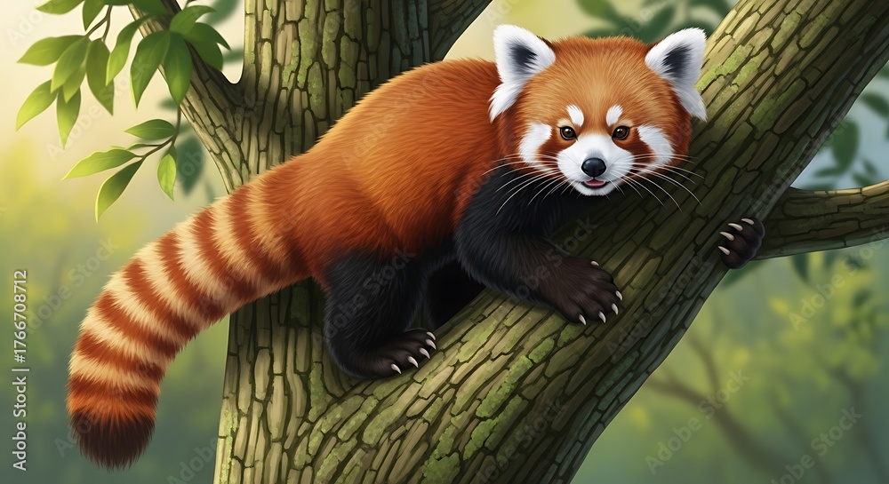 Obraz premium Red Panda Resting on a Tree Branch Illustration.