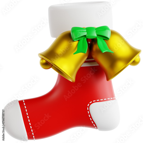 Festive 3D Rendering of a Christmas Stocking Adorned with Golden Bells and a Green Bow, Evoking Holiday Cheer and Seasonal Joy