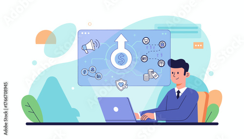 Modern flat illustration of a businessman working on a laptop, analyzing online marketing campaign data, showing sales growth, social media engagement, shopping cart, gift box, coins, and security