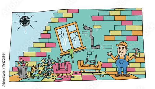 Frustrated construction worker with hammer and thumbs down gesture stands in a room with a broken window, debris, and damaged furniture, symbolizing a poorly done job and dissatisfaction with