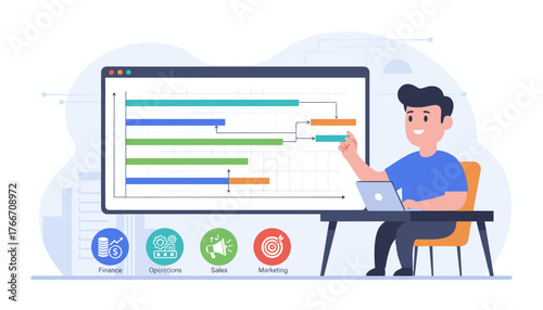 Modern flat illustration of a smiling project manager analyzing a Gantt chart schedule on a laptop, with icons representing finance, operations, sales, and marketing, symbolizing business planning