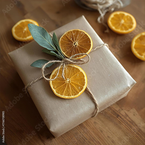 A beautifully wrapped gift with dried orange slices and a sprig of greenery, creating a festive and natural presentation for a special occasion