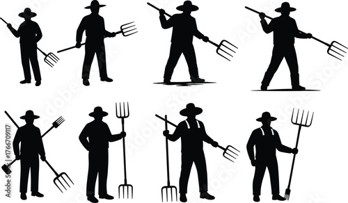 Flat vector, farmer silhouettes with pitchfork, agriculture workers, rural lifestyle, farming tools, countryside labor, traditional agriculture, occupational illustration design